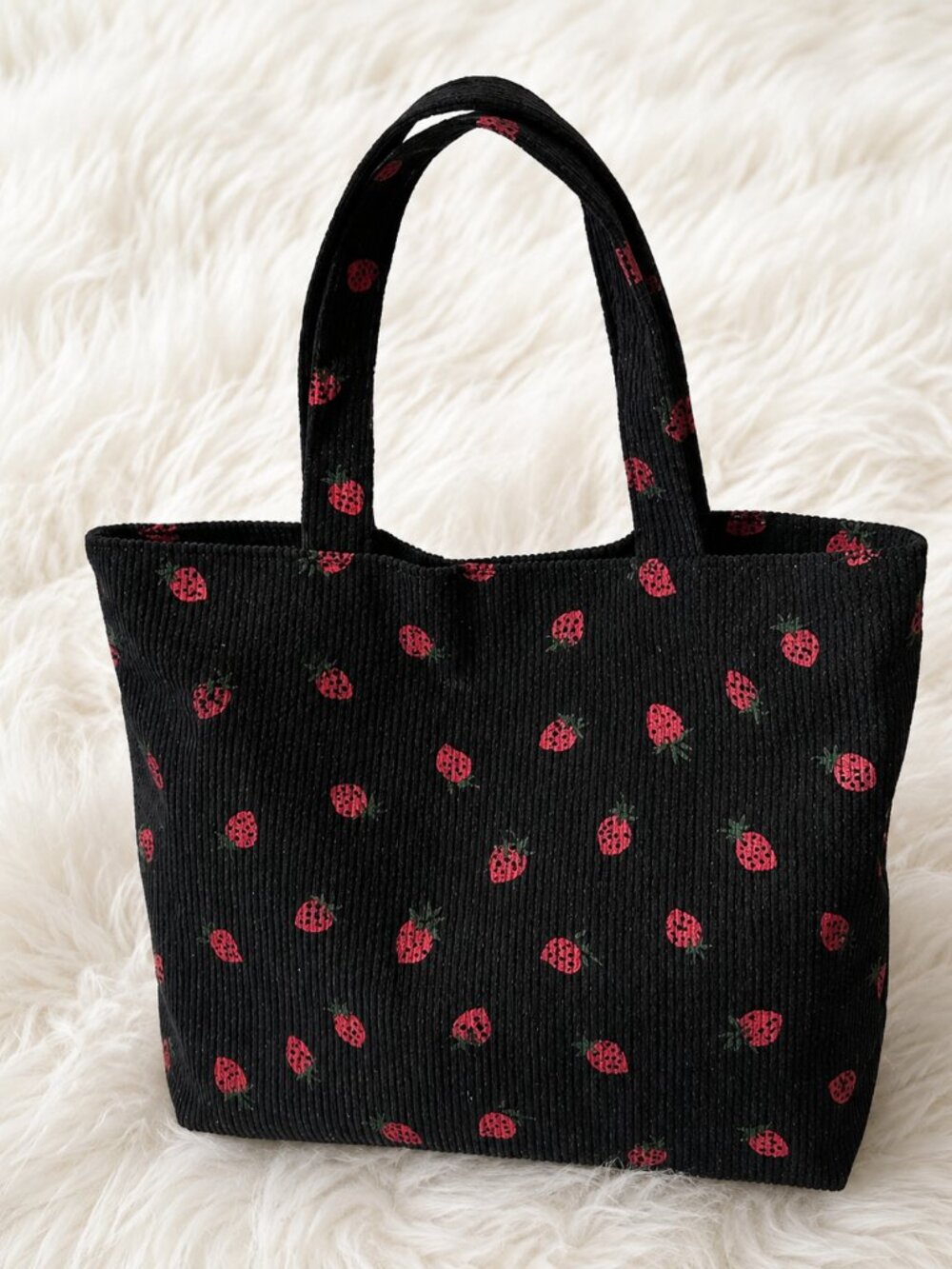 Black Strawberry Mini Corduroy Tote Bag – Cute Small Everyday Handbag